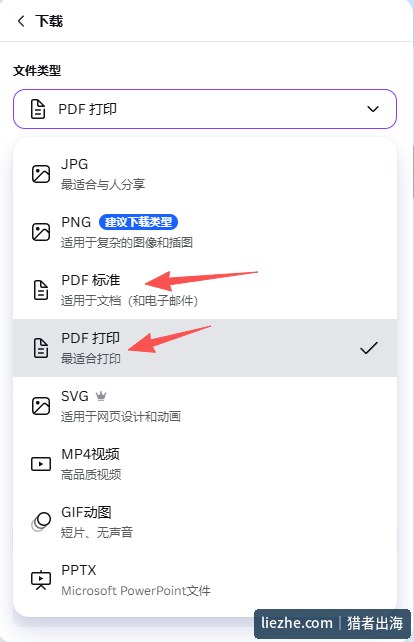 Canva下载文件类型选择界面,PDF标准适用于文档、PDF打印最适合打印