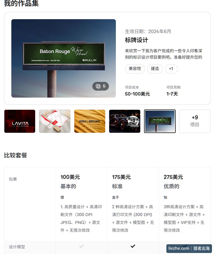 Fiverr标牌设计卖家的作品集与三档套餐:100、175、275美元,含300DPI印刷文件和源文件