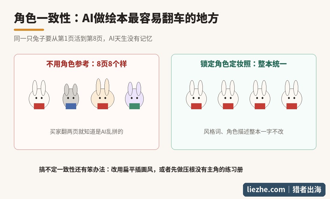 AI生成绘本插画的角色一致性对比:不锁定角色时每页主角都不一样
